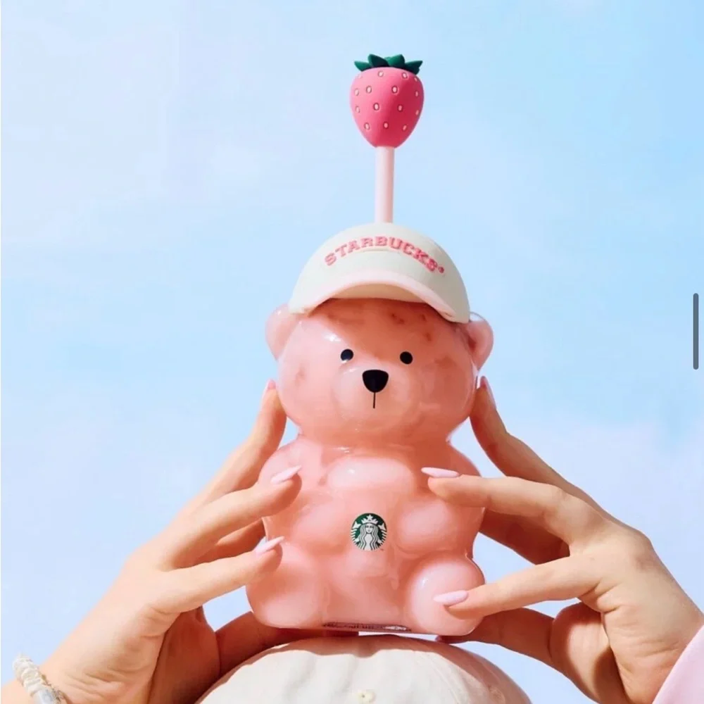 Starbucks Pink White Strawberry Bear Drink Charm Keychain